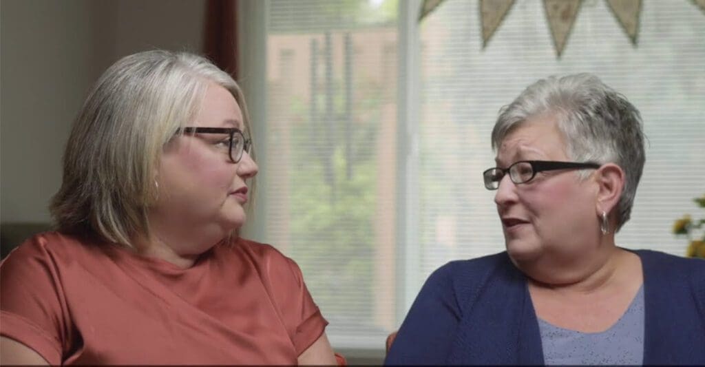 Stepping Stone Falls Video Thumbnail Senior Living Resident and Daughter looking at each other